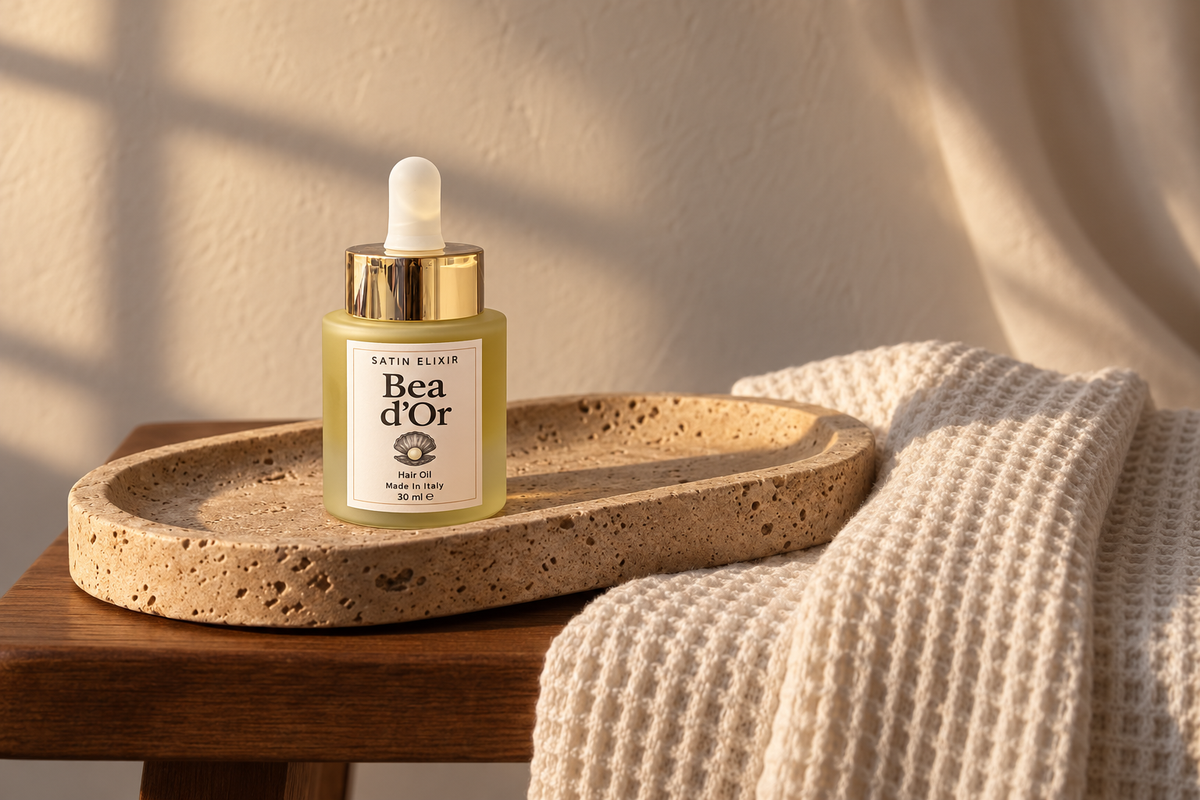 Satin Elixir Bea d’Or su travertino, in una composizione dedicata al rituale